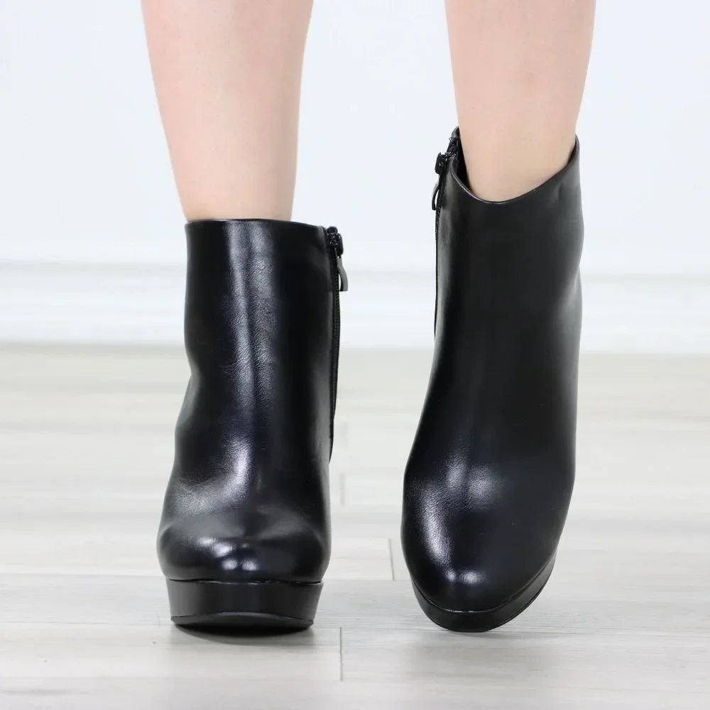 Womens Chunky Platform High Heeled Bootie Zip Up Black Ankle Boots Block Heel - Picture 8 of 15